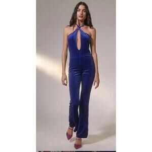 NWT Urban Outfitters Plunging Velvet Jumpsuit in Blue XS